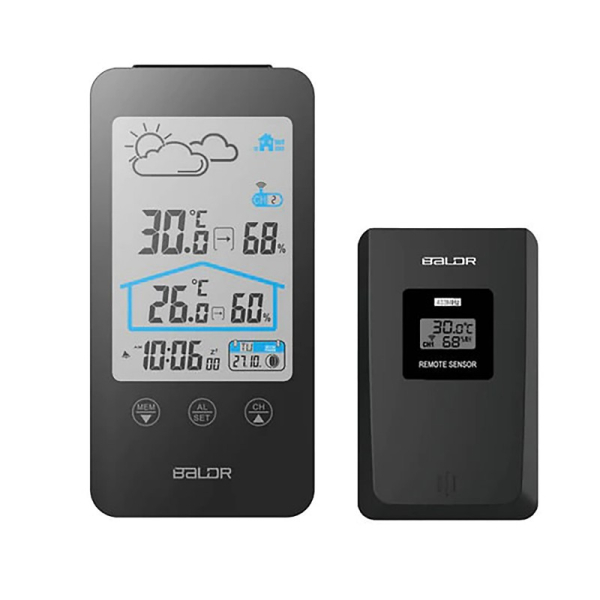 Купить Цифровой термогигрометр BALDR B0201WST2H2-BLACK Метеостанция c показаниями температуры и влажности внутри и снаружи помещения, черная